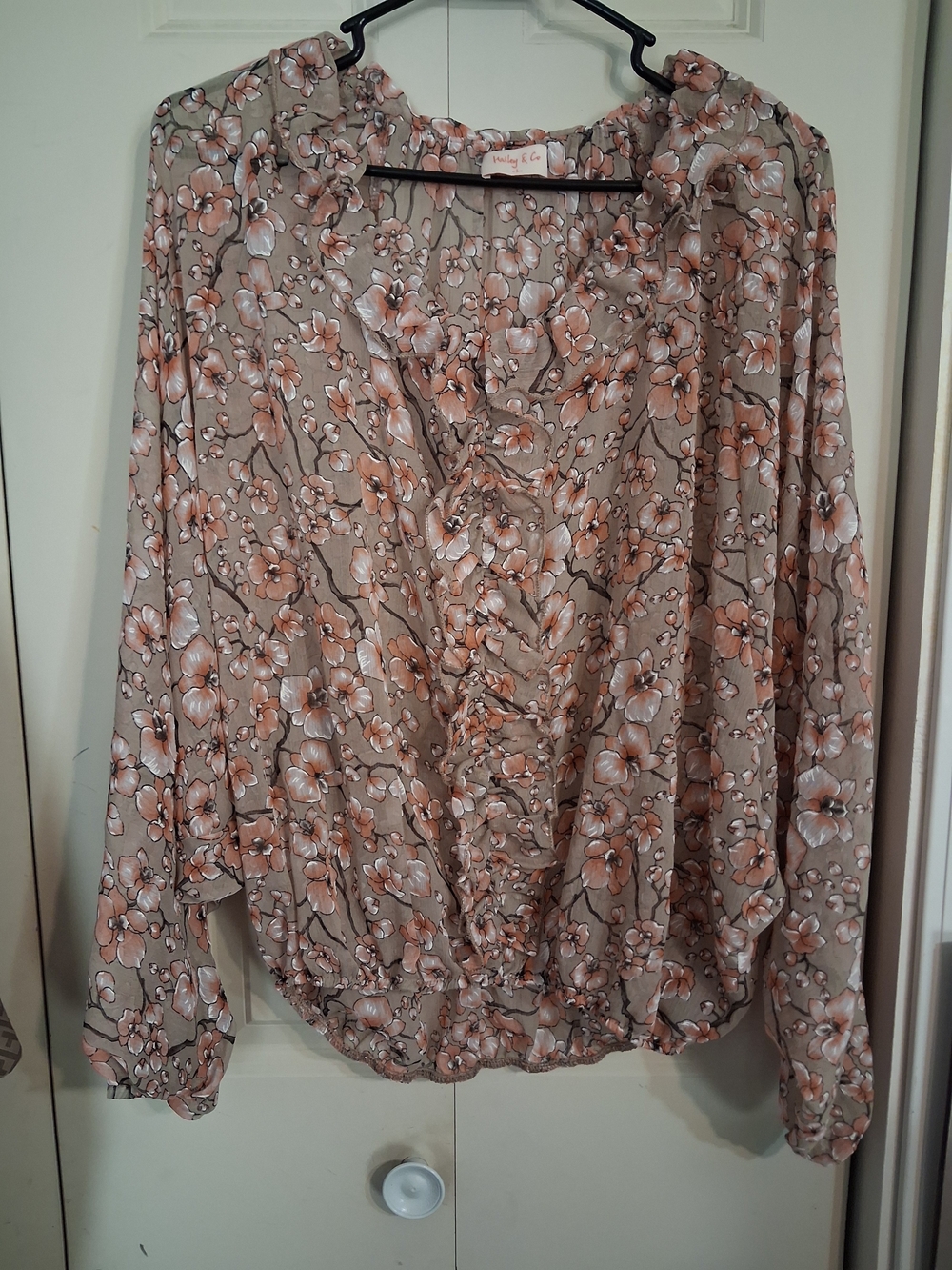 Floral Ruffle Front Blouse in Beige with Peach Accents